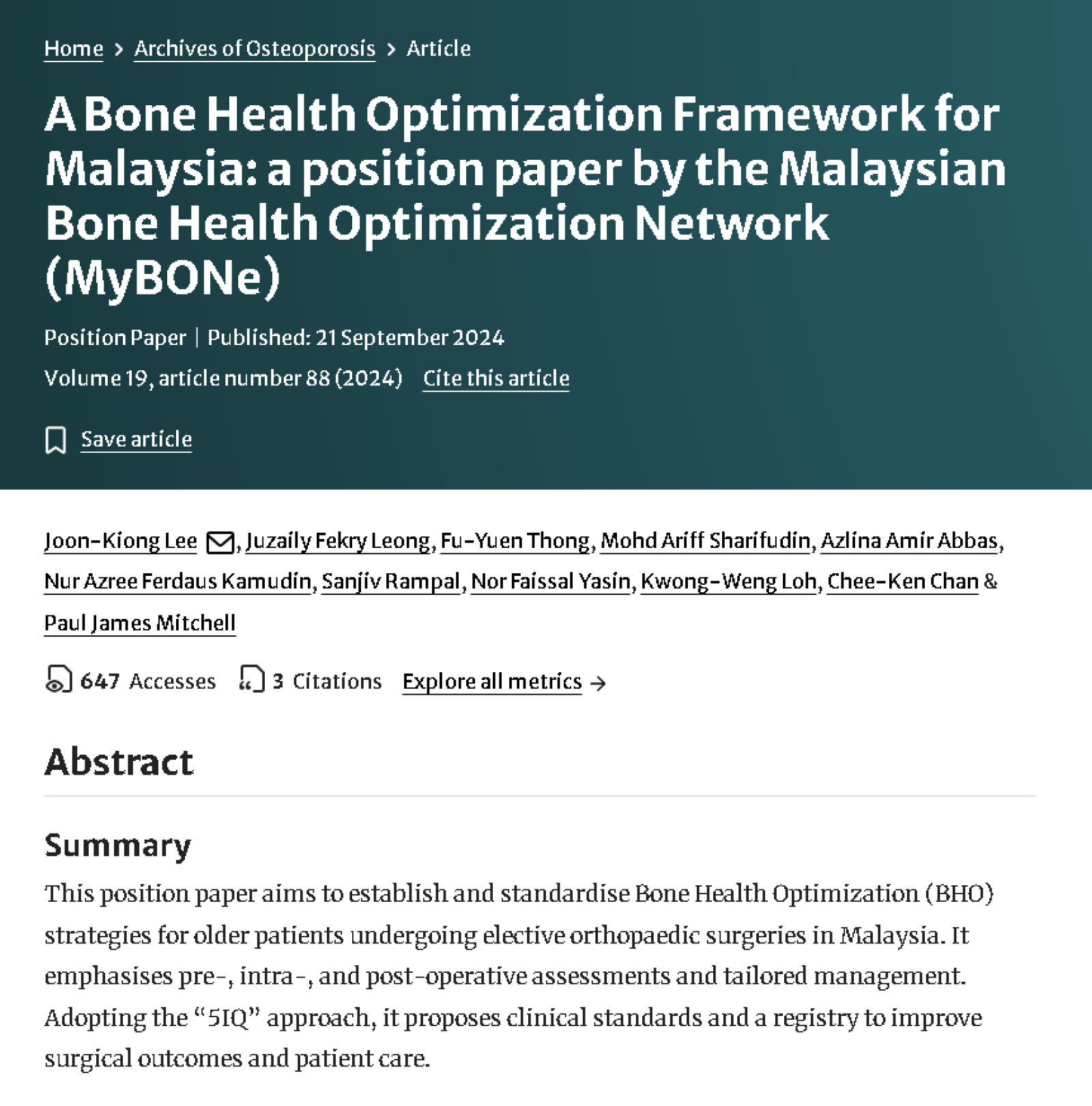 A Bone Health Optimization Framework for Malaysia: a position paper by the Malaysian Bone Health Optimization Network (MyBONe)